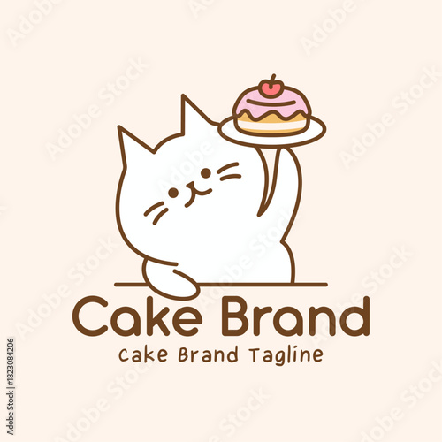 Adorable bakery logo featuring cat mascot holding pink frosted cake on plate with cherry. Cute illustration with soft pastels for patisserie branding and packaging.