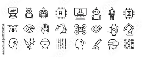 Artificial intelligence and robotics icons: technology, innovation, automation, machine learning, future