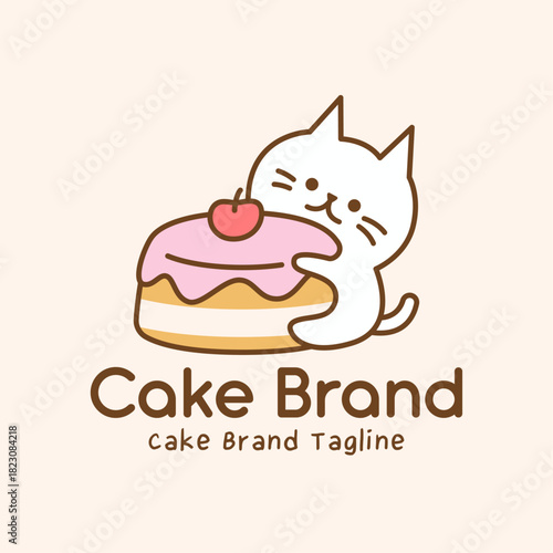 Charming bakery logo featuring cat mascot hugging pink frosted cake with cherry. Cute illustration with soft pastels for patisserie branding and packaging.
