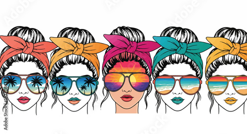 Five women with messy bun hairstyles and colorful headbands, each wearing sunglasses reflecting different beach scenes. Summer theme, vibrant, and stylish.