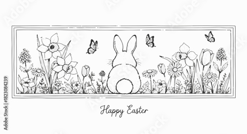 Whimsical Easter illustration of a bunny's rear surrounded by flowers, butterflies, and a border. Happy Easter text below. Black and white.