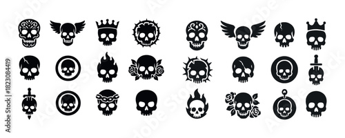 Set of 20 unique skull icons with crowns, wings, flames, and roses in black on white
