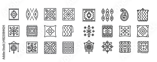 Collection of geometric and floral pattern icons in black and white