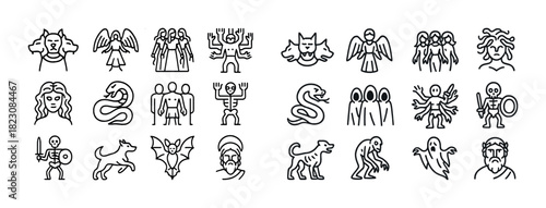 Mythical creatures and figures: medusa, perseus, skeleton, demons, snakes, and spirits