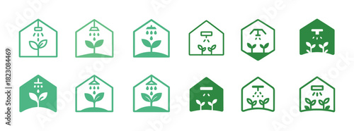 Greenhouse plant icons: watering and growth symbols in green shades