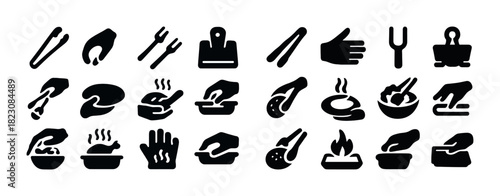 Silhouette icons of hands using kitchen utensils and cooking tools