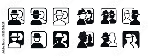 Silhouette icons of people in hats facing various directions