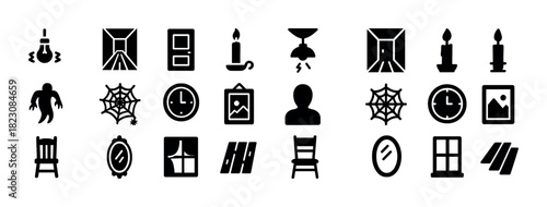 Black and white home and decor icon set including clock and candle designs
