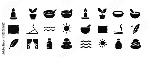 Collection of relaxation and wellness icons featuring candles, plants, and essential oils