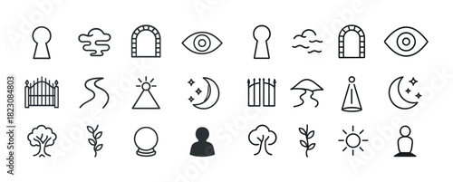 Minimalist symbol icons set featuring keyhole, eye, moon, and nature elements