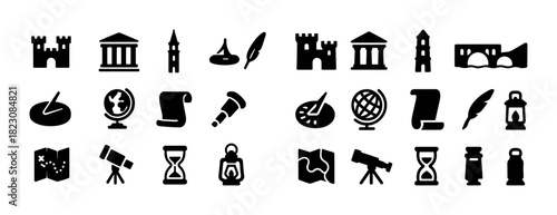 Set of historical and exploration icons including telescope, hourglass, and globe