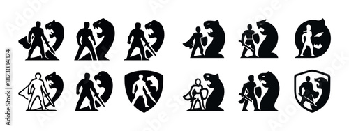 Silhouette warrior and dragon shield icons collection