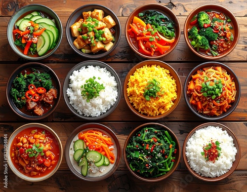 Wallpaper Mural Photorealistic top view of colorful bowls of Asian food on wooden table Torontodigital.ca