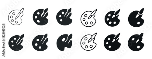 Variety of artist palettes with brushes in black and white patterns