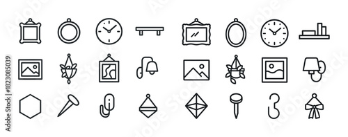 Minimalist home decor icons set: clocks, frames, shelves, hooks, lamps