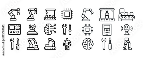 Industrial robotics icons collection featuring automation, ai, and machinery components