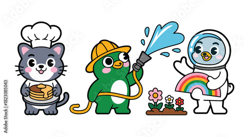 Cartoon characters: chef, gardener, astronaut