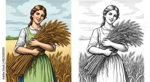 A woman in vintage clothing stands in a wheat field, holding a bundle of wheat. A color and black-and-white version of the same image are placed next to each other.