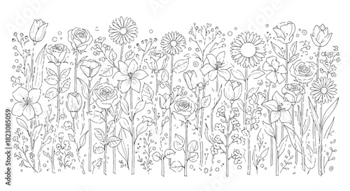 Detailed line drawing of various flower species, including roses, lilies, daisies and tulips. Suitable for coloring pages and botanical art inspiration.