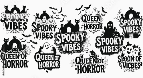 A collage of Halloween-themed graphics featuring Spooky Vibes and Queen of Horror text, along with black cats, pumpkins, bats, ghosts, and spiderwebs.