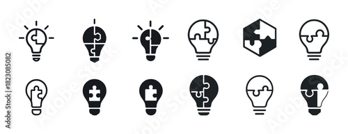 Light bulb puzzle icons: creative solutions collection