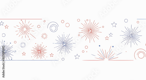 Red, white, & blue line art pattern featuring fireworks, stars, and circles. Design element for festive & patriotic themes on a white background.