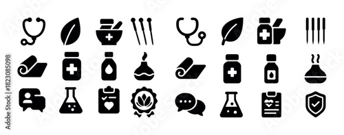 Healthcare and wellness icons set: stethoscope, leaves, medicine, yoga, communication