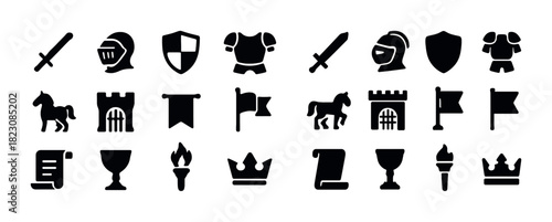 Medieval icons set featuring knights, castles, and symbols of valor