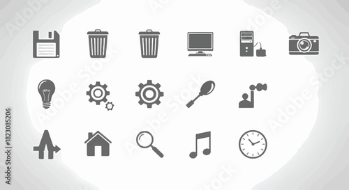 A collection of gray vector icons, including a floppy disk, trash cans, a computer, camera, lightbulb, gears, a spoon, factory, arrow, home, magnifying glass, music note, and clock.