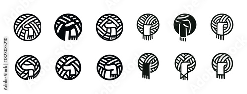 Black and white knitting yarn icon set with circular patterns