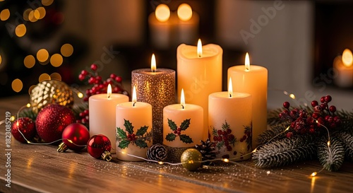 Christmas candles and ornaments on a wooden table.