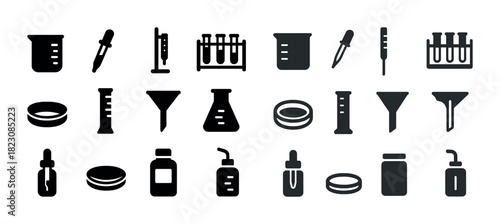 Laboratory equipment icons: beaker, test tubes, pipette, funnel, petri dish collection