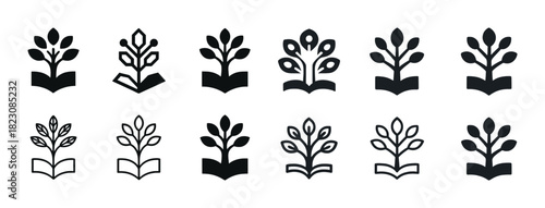 Set of book and tree icons symbolizing knowledge and growth