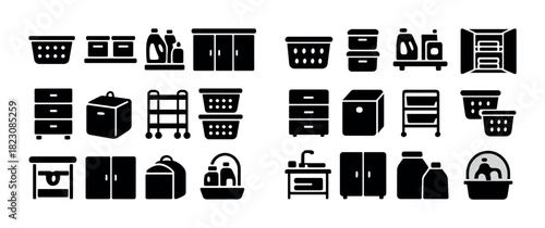 Collection of household storage and laundry icons in black silhouette style