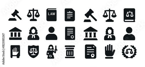Law and justice icons: gavel, scales, books, document, court, lawyer symbols