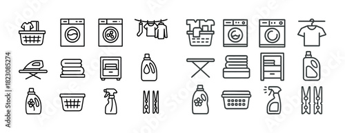 Laundry icons set: washers, baskets, cleaning supplies, ironing boards, clothing care
