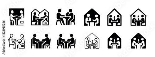 Icon set of people meeting at home and office in conversation