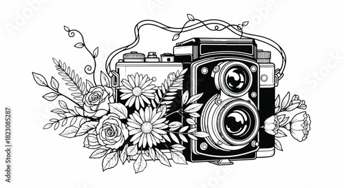Black and white illustration of a vintage twin-lens reflex camera surrounded by detailed floral elements. Decorative and artistic style.