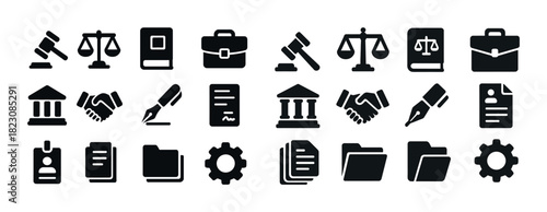 Legal icons set: gavel, scales, document, briefcase, handshake