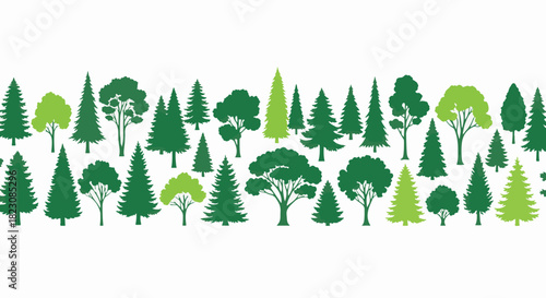 Vector illustration of a varied forest of trees. Different shapes and shades of green create a nature-themed, horizontal border against a white background.