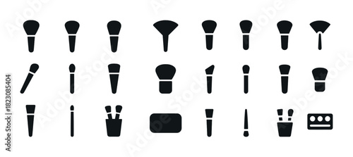 Collection of various makeup brush icons in black silhouette style