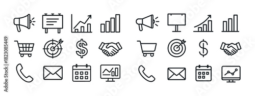 Marketing and business icons: megaphone, bar graph, dollar sign, handshake, shopping cart