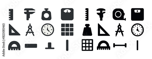 Measurement and weighing tools icon set: diverse shapes and functions