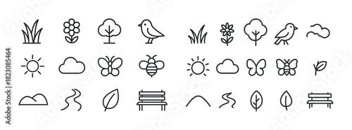 Simple nature icons: trees, flowers, animals, and weather symbols