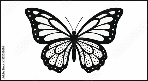Black and white image of a butterfly with decorative wings. The top wings are detailed with line patterns, while the bottom wings have dotted patterns.