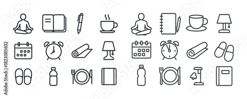 Minimalist daily routine icons: yoga, coffee, alarm, lamp, notebook, meditation