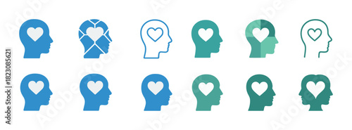 Silhouette head icons with heart symbols in blue and green tones
