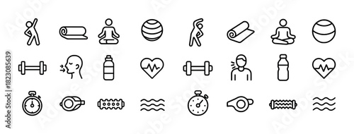 Fitness icons: exercise, meditation, yoga, health, hydration symbols