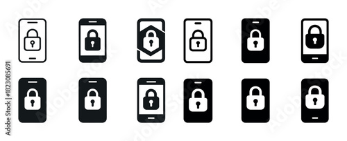 Set of smartphone lock icons in various styles for security and privacy