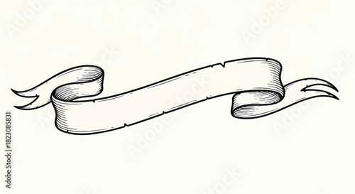 Line art of a blank, stylized scroll banner, curled at both ends. The ribbon appears aged or distressed, ready for text or graphic overlay.